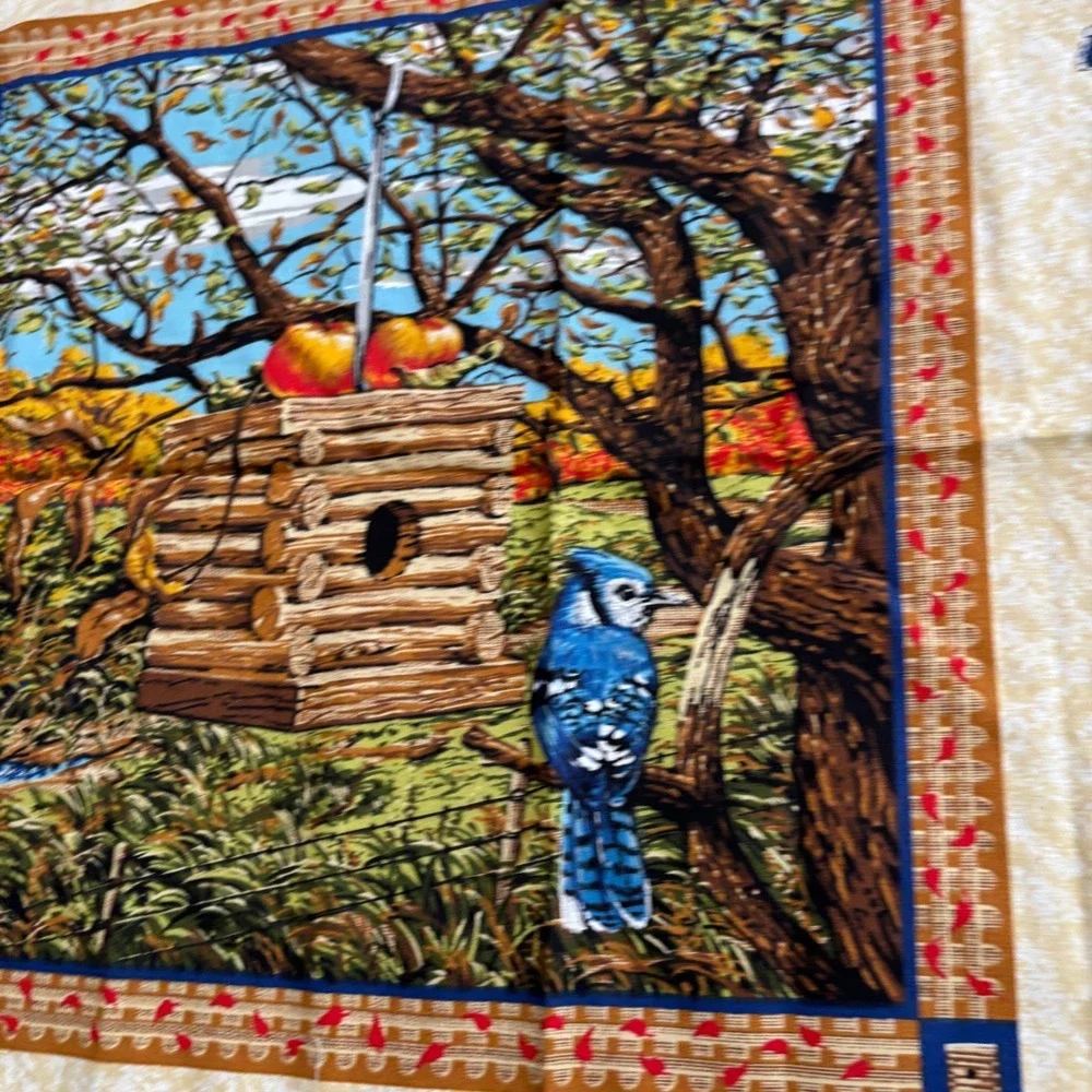 Vintage Bird Fabric Lot - 90s Calendar Blue Jay Cardinal Swallow Autumn Crafting